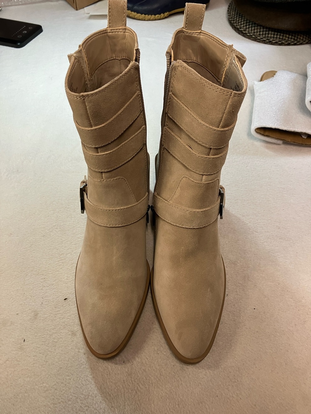 Vince Camuto Tan Suede Ankle Boots with Buckle Straps